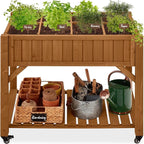 Best Choice Products Elevated 8 Pocket Herb Garden Bed, Mobile Raised Customizable Wood Planter for Herbs, Vegetables, Flowers w/Lockable Wheels, Storage Shelf, Drainage Holes - Acorn Brown