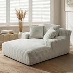 66" Chaise Lounge Chair Indoor, Oversized Boneless Couch Comfy Upholstered Sleeper Sofa Bed with 3 Pillows, Corduroy Cloud Reading Chair for Living Room No Assembly Required, Light Grey