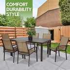 7 Piece Patio Dining Set for 6, 6 Stackable Textilene Chairs and 1 Dining Table Outdoor Furniture Set, Brown