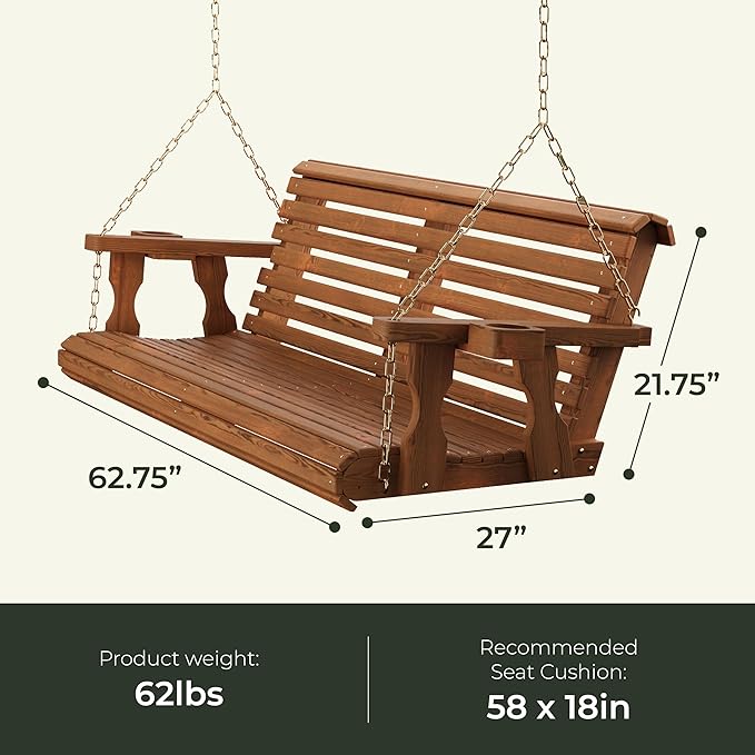 Amish Casual 5 Foot Roll Back Porch Swing with Cup Holders in Semi-Solid White Stain - Amish Made in The USA from Treated Pine Heavy Duty 700 Lb. Weight Capacity