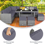 Tangkula 7 Pieces Patio Furniture Set, Outdoor Sectional Rattan Dining Sofa Set with Cushions, All Weather Wicker Conversation Couch Set with Dining Table & Ottomans for Yard Garden Poolside, Grey