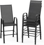 VINGLI 4 Pack Stackable Outdoor Bar Chairs – High Back Sling Chairs with Armrests, Ideal for Lawn, Courtyard, Bar, Black