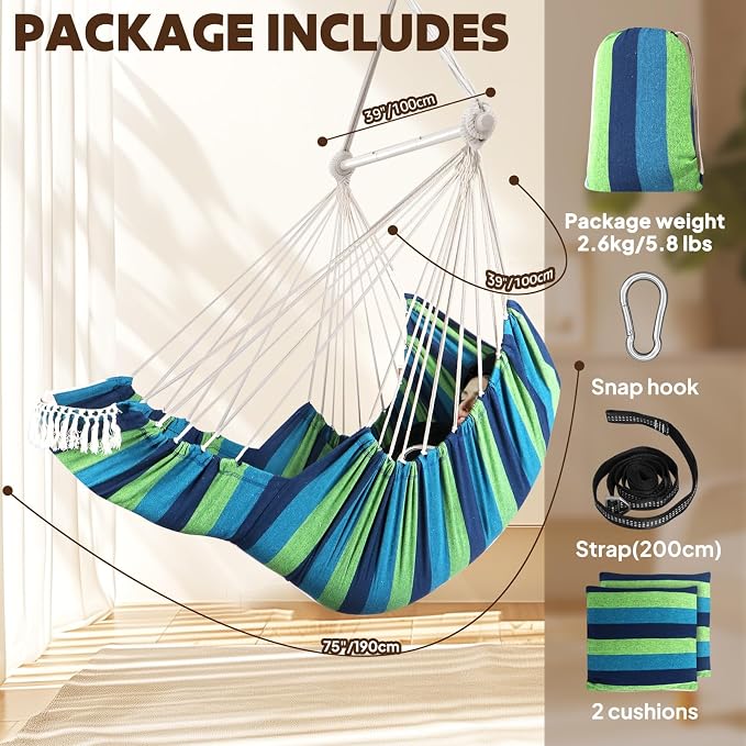 Hammock Chairs with Foot Rest, Cotton, 500 lb Capacity, Blue/Green Stripes