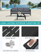 SERWALL HDPE Patio Furniture Set, 4 Pieces Outdoor Sectional Sofa Set, All-Weather Wood-Like Outdoor Sofa Couch with Coffee Table for Deck, Lawn, Black Frame with Grey Cushion