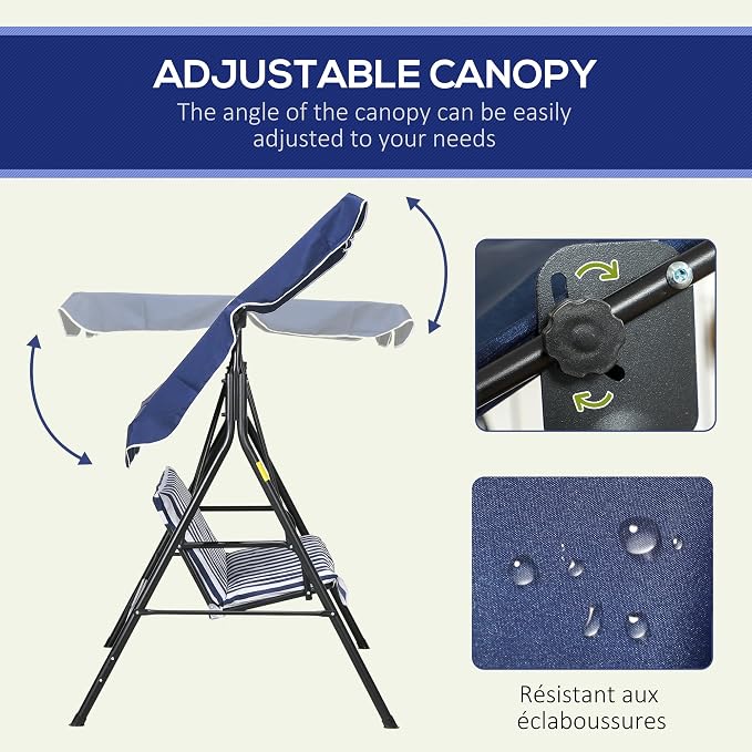 Porch Swing 3-Seat Steel Frame with Tilt Canopy, Dark Blue