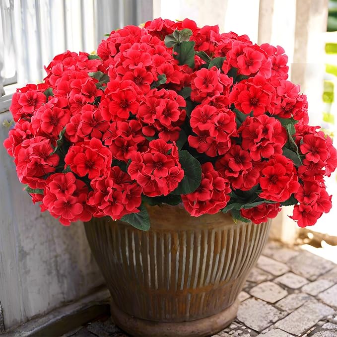 Artificial Geranium Flowers, Red Silk Bundles for Indoor and Outdoor Decor