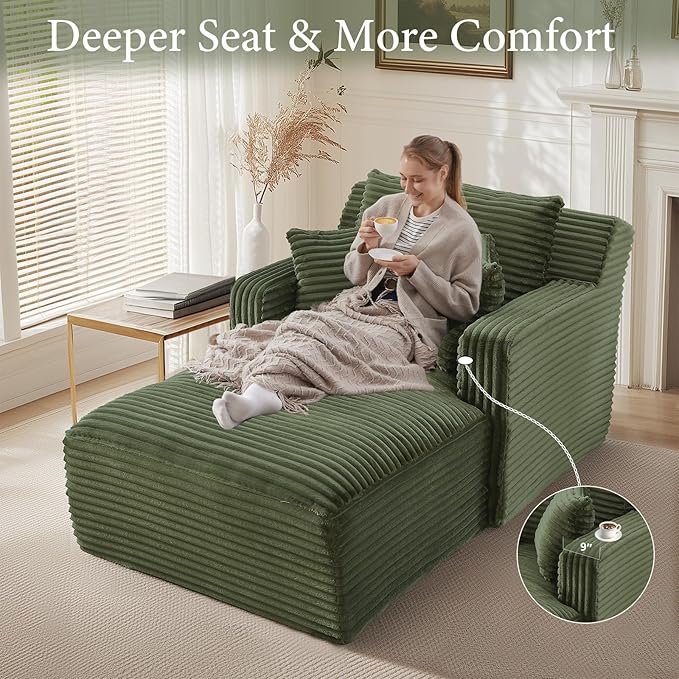 65.4" Chaise Lounge Chair Indoor, Oversized Boneless Couch Comfy Upholstered Sleeper Sofa Bed with 3 Pillows, Corduroy Cloud Reading Chair for Living Room No Assembly Required, Green