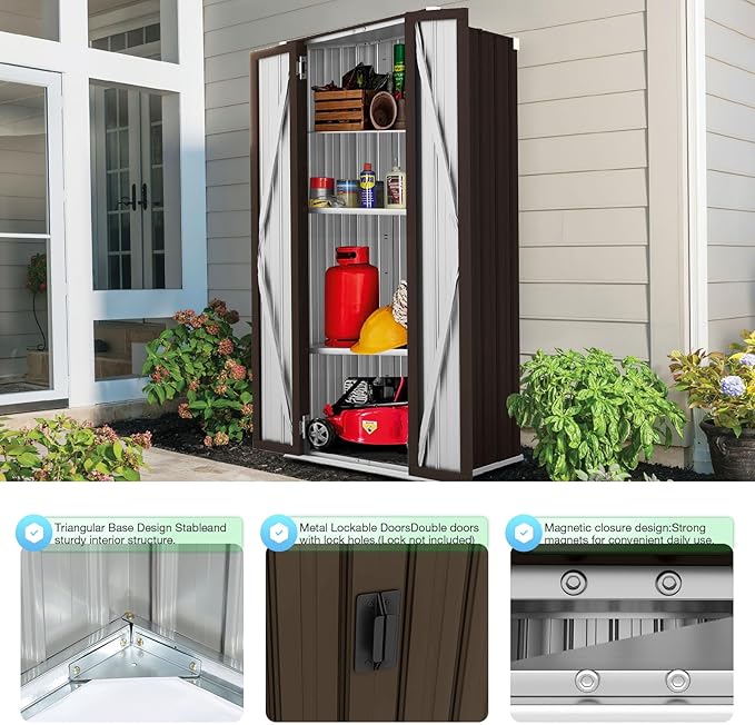 AECOJOY Outdoor Storage Cabinet Waterproof with Adjustable Shelves, Vertical Tall Garden Outdoor Cabinet, Sheds & Outdoor Storage Clearance Cabinet Weatherproof for Outside in Brown