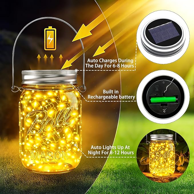 String Lights, 12 Pack Solar Mason Jar Lights in Warm White for Outdoor Use