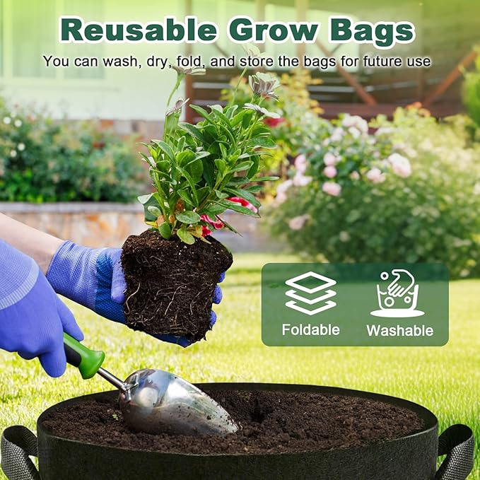 5 Pack 5 Gallon Grow Bags, Thickened Aeration Nonwoven Fabric Plant Pots with Handles, Heavy Duty 300G Garden Planting Bag for Tomato, Potato, Strawberry, Vegetable, Fruits and Flowers