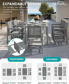 SERWALL 9-Piece Outdoor Dining Set, 60" - 83" Expandable Patio Dining Table with 6 Breathable Textilene Chairs, All Weather HDPE Patio Furniture Set for Backyard, Garden, Grey