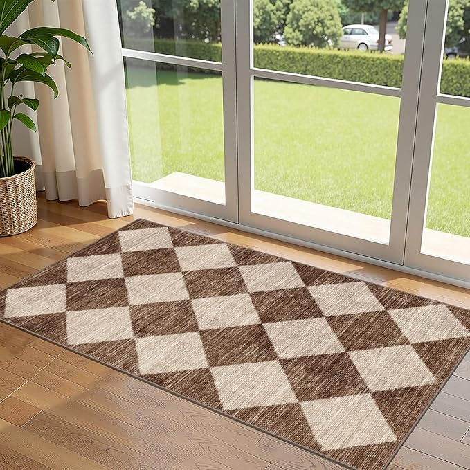 Outdoor Rug, Checkered Brown and Beige Entryway Mat, 2 x 4 Ft 3 In