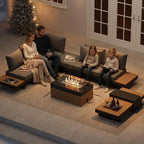 homary Patio Conversation Sets with Fire Pit-Modular Outdoor Sofa Aluminum & Teak Outdoor Sofa Se with Glass Wind Guard Ideal for Patios & Balconies, 6 Pepole