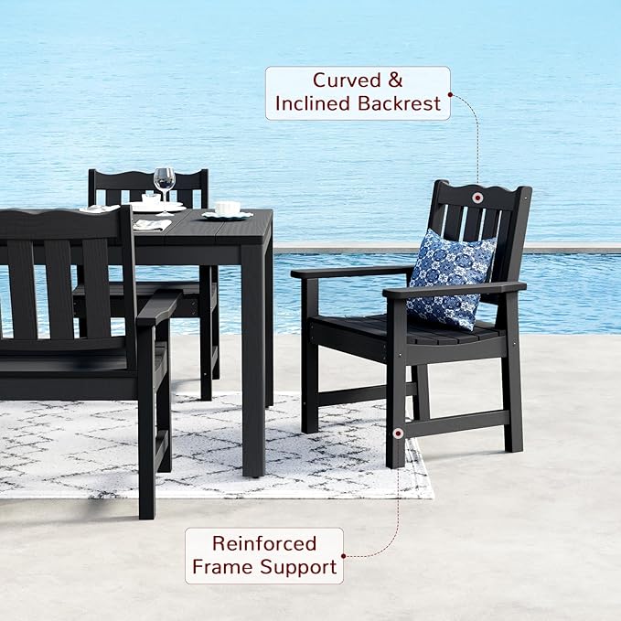 Stoog 7 Pieces Patio Dining Sets, All-Weather HIPS Material & Aluminum Frame Dining Table with 2" Umbrella Hole, Outdoor Dining Table Set for 6, Never Rot or Fade, Black