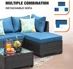 5 Pieces Patio Furniture Set All-Weather Outdoor Wicker Sectional Conversation Sofa Rattan Patio Seating Sofa with Cushion and Glass Table and Ottoman for Porch Poolside,Peacock Blue