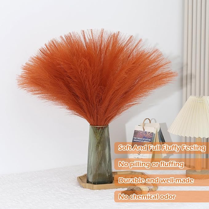 Artificial Pampas Grass Stems, Orange Silk, 30 Pcs