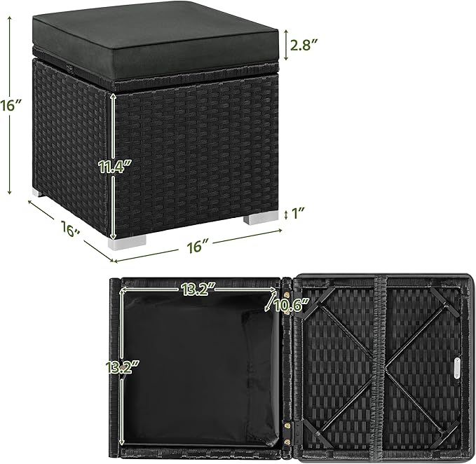 Yaheetech Wicker Ottomans, Set of 2 Patio PE Rattan Side Tables with Hidden Storage & Removable Cushion, Outdoor/Indoor Footstools, Additional Seating for Garden/Balcony/Yard, Black/Gray