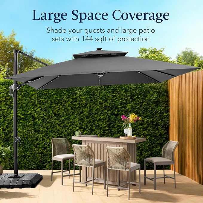 Best Choice Products 12x12ft LED Cantilever Patio Umbrella w/Base Included & 360° Rotation, Large Solar Offset Hanging Outdoor Sun Shade for Deck, Backyard Table w/Stand & Lights – Gray