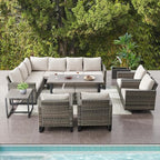 Belord Outdoor Sectional Furniture with Swivel Rocker Chair, 10 Pieces Wicker Patio Furniture Sets with Ottoman L Shaped Sofa Coffee Table Beige Cushion