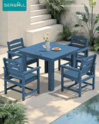 SERWALL Outdoor Dining Set for 4, HDPE Square Table and Chairs Set All Weather Patio Dining Set, 5-Piece Patio Dining Furniture for Deck, Blue