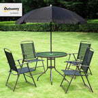 Outsunny 6 Piece Patio Dining Set for 4 with Umbrella, Outdoor Table and Chairs with 4 Folding Dining Chairs & Round Glass Table for Garden, Backyard and Poolside, Black and Coffee