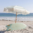 AMMSUN Boho Fringe Umbrella Outdoor Patio, 6.5ft UPF50+ Picnic Umbrella with Tassels with Steel Pole and Push Button Tilt, Vintage Green Stripe