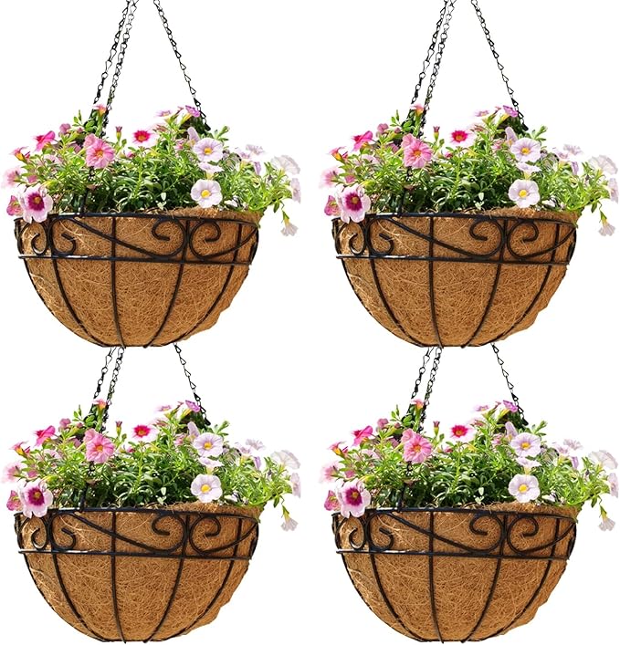 14 inch Metal Hanging Baskets For Plants Outdoor 4 Pack Round Metal Wire Hanging Basket Planter with Coco Fiber Liners Chain Round Wire Plant Holder for Garden, Patio, Deck, Porch Plants Flower Potss