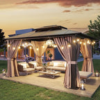 Aoxun 10'x12' Hardtop Gazebo, Aluminum Frame Permanent Pavilion with Light, Curtains and Netting, Outdoor Polycarbonate Gazebo, Double Roof Canopy, for Gardens, Patios, Lawns