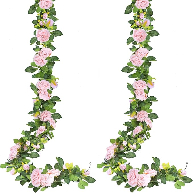 Artificial Greenery Pink Silk Rose Vine Garland, 2 Pack of 7.75 Ft Vines