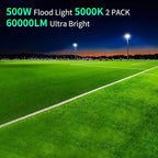 500W LED Flood Light Outdoor with Plug+10ft Cable, 60000LM Ultra Brighter 5000K Exterior Security Light, IP66 Waterproof Commercial Lighting for Sports Fields Counts Arena Stadium(2 Pack)