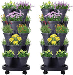 Umigy 2 Set 5 Tier Stackable Planters Vertical Garden Planters for Strawberry Herb Flower and Vegetable Indoor Outdoor Gardening Pots with Removable Wheels and Bottom(Grey)