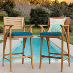 Best Choice Products Set of 2 Outdoor Acacia Wood Bar Stools Bar Chairs for Patio, Pool, Garden w/Weather-Resistant Cushions - Peacock Blue