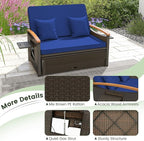 Tangkula Patio Rattan Daybed with 4-Level Adjustable Backrest, Outdoor Wicker Loveseat with Acacia Wood Armrest, Storage Ottoman & Folding Tray, Double Sunbed for Balcony, Backyard & Poolside (Navy)