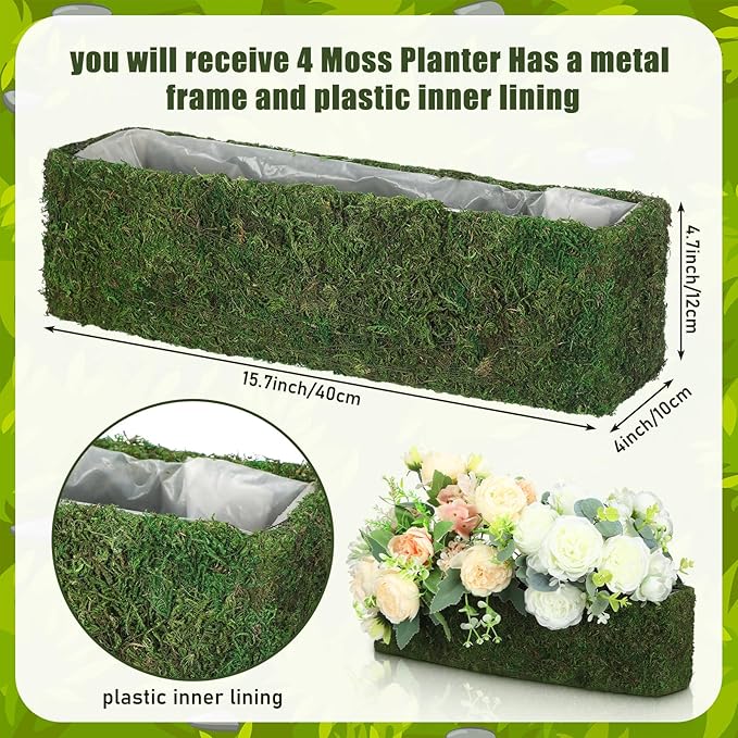 Maxdot 4 Pack Moss Window Box Planters, 16 Inch Rectangular Decorative Planter Boxes with Plastic Liner, Indoor Outdoor Window Sill Planters for Flowers, Herbs, Easter Spring Home Garden Decor