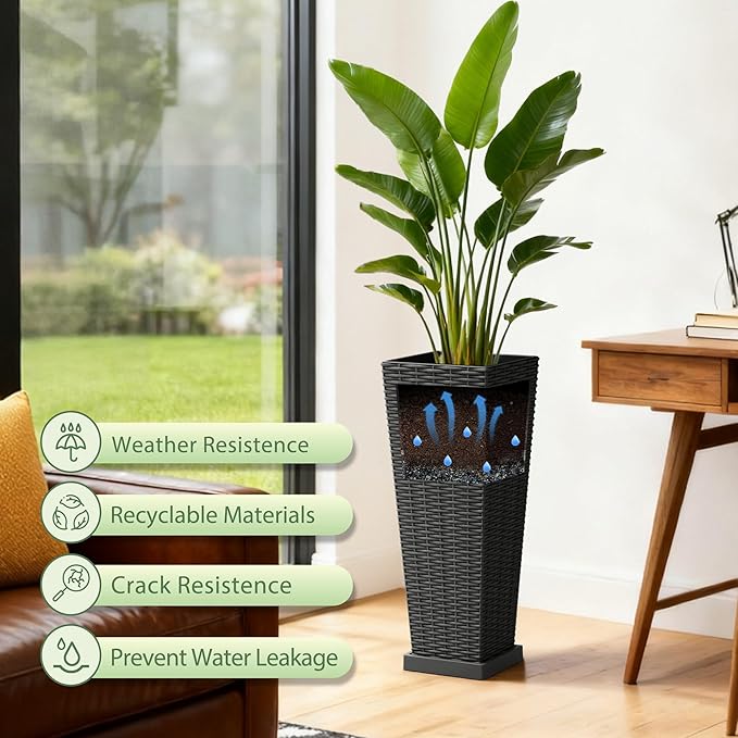 Set of 2 24 Inch Tall Plastic Planters with Drainage Saucers, Rattan Pattern UV Resistant Indoor Outdoor Flower Pots for Patio Garden Balcony Decor, Black