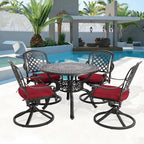 Cast Aluminum Outdoor Patio Dining Set, All Weather Outdoor Furniture Dining Set for Patio, Balcony, Lawn, Garden, Backyard (1 Round Table+4 Red Swivel Dining Chairs)