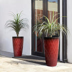 Glitzhome 23.75" H Tall Outdoor Planter, Set of 2 Wavy Texture Red Large Planters for Outdoor Plants, with Drainage Hole, Plastic Round Decorative Tall Flower Pots for Indoor Outdoor, Front Porch