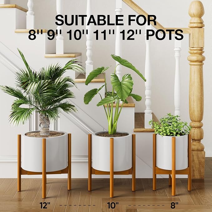 MUDEELA Plant Stand for Indoor Plants: Adjustable Width Fits 8-12 Inch Pots - Mid-century Modern Bamboo Plant Stand - 14.5 Inch Single Tier Small Floor Plant Holder, Pale Brown, 1 Pack (Without Pot)