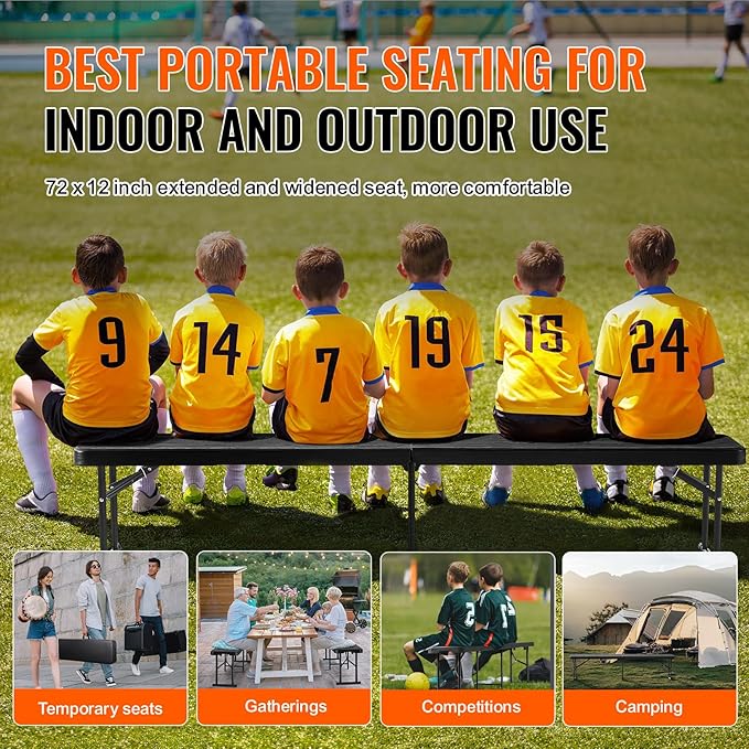VEVOR Plastic Folding Bench, 6ft Portable Folding Bench, Smooth High Density Polyethylene Waterproof Outdoor Bench, Picnic Camping Table with Handle for Garden Soccer Playtime, Black (1 Pack)