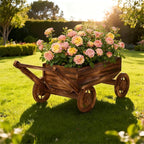 Wooden Flower Cart with Wheels Wooden Wagon Planter Outdoor Garden Planter Decor Planter for Patio Balcony Trolley Decoration Succulent Flower Pot, Indoor Backyard Balcon Decor（Large）