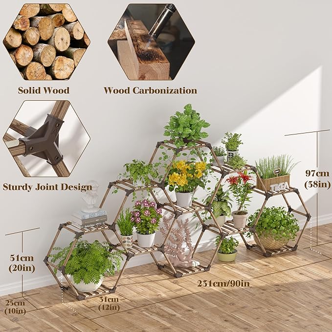 Tikea - Hexagonal Plant Stand Indoor Outdoor Large 11 Tiered Wooden Plant Shelf Indoor Creative Flower Decor for Living Room Balcony Patio