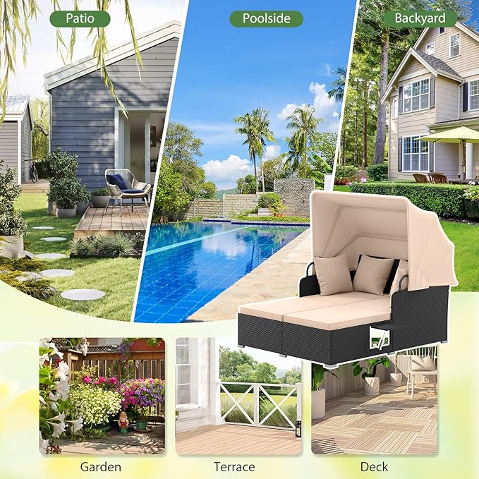 ORALNER Outdoor Daybed, 2-Person Wicker Patio Sofa with Retractable Canopy, Cushions & Pillows, 2 Side Trays, PE Rattan Double Sunbed Lounger for Deck Poolside Backyard Garden Balcony (Khaki)