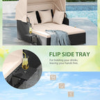 ORALNER Outdoor Daybed, 2-Person Wicker Patio Sofa with Retractable Canopy, Cushions & Pillows, 2 Side Trays, PE Rattan Double Sunbed Lounger for Deck Poolside Backyard Garden Balcony (Khaki)