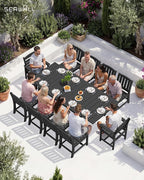 SERWALL 11-Piece Outdoor Dining Set, 60" - 83" Expandable Outdoor Dining Table and 10 HDPE Chairs, All Weather HDPE Outdoor Furniture Set for Backyard, Garden, Black