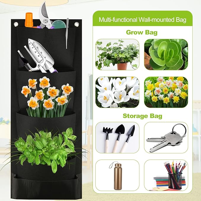 Cosmos Hanging Wall Planter with 4 Pockets Vertical Garden Planter Wall Mounted Flower Pouch Plant Growing Bag Garden Tools Storage Bag for Outdoor Decor