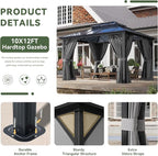 Aoxun 10'x12' Hardtop Gazebo, Aluminum Frame Permanent Pavilion with Curtains and Netting, Outdoor Polycarbonate Double Roof Canopy, Designed for Garden, Lawns, Patio