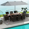 Tangkula 11 Piece Rattan Outdoor Dining Set with 15Ft Patio Umbrella for 8, Outdoor Wicker Table Set with 8 Cushioned Armchairs, Acacia Wood Top, Outdoor Umbrella with Base Included