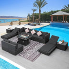 NICESOUL 11 Piece Patio Furniture Set with Fire Pit Natural Gas/Propane, 29.3'' High Back Outdoor Sectional with Lounger & Fire Pit, Large Deep Rattan Sofa Set for Garden Backyard, Gray
