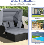 Tangkula Patio Rattan Daybed with Retractable Canopy, Outdoor Wicker Sunbed Lounger with 2 Foldable Side Tables, Thick Seat & Back Cushions, Outside Double Daybed for Garden, Backyard, Porch (Grey)
