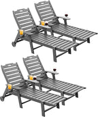 Carauci Lounge Chair Outdoor Set of 4, HDPE Chaise Lounge with Wheels, 5-Position Adjustable Backrest & 2 Cup Holders Patio Lounge Chair, All-Weather Pool Sun Lounger for Poolside, Backyard, Grey